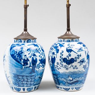 Pair of Delft Blue and White Jars Mounted as Lamps