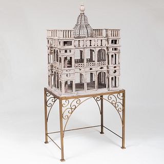 Large Grey Painted Birdcage on Metal Stand