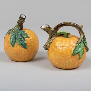 French Mehun Majolica Trompe L'Oeil Orange Form Jug and a Similar Jug
