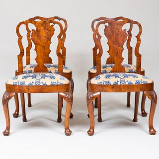 Set of Four George II Walnut and Elmwood Side Chairs