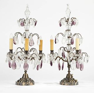 A pair of glass & gilt brass girandoles