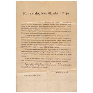 Díaz, Porfirio.Manifiesto sobre su Renuncia como Presidente de México. México, Mayo 26 de 1911. Impreso en seda, 33 x 22 cm.