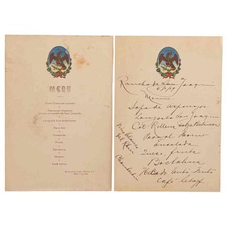 Menús del Rancho San Joaquín, Tacuba. México, 1919 / 1920. Uno manuscrito y otro impreso. Con águila grabada a color. Pz: 2.