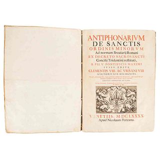 Libro de Coro. Antiphonarivm de Sanctis Minorum. Ad Norman Breviarij Romani ex Decreto... Venetiis, 1690. Impreso a dos tintas.