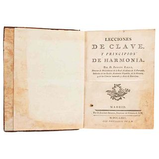 Bails, Benito. Lecciones de Clave y Principios de Armonía. Madrid: Por Joachin Ibarra, 1775. 1 lámina plegada.