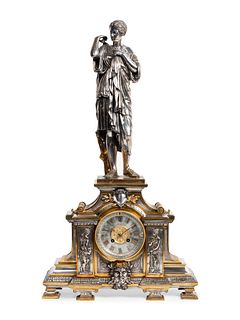 A French Gilt and Silvered Bronze Figural Mantel Clock
