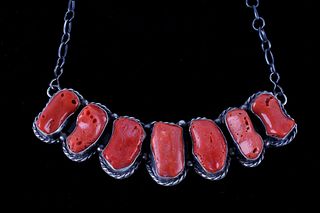 Navajo Sterling & Coral Gemstone Necklace Signed