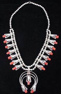 Navajo Sterling & Coral Squash Blossom Necklace