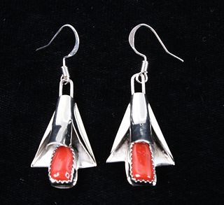 Navajo Silver & Coral Squash Blossom Earrings