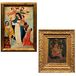 ANÓNIMO Lote de 2 obras pictóricas. Virgen de la luz y Virgen del refugio Óleo sobre lámina de zinc Enmarcadas