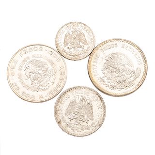 Cuatro monedas de plata .900 y .720. 1 Hidalgo, 1 Cuauhtémoc, 1 peso libertad y 50 centavos libertad. Peso: 84.0 g.