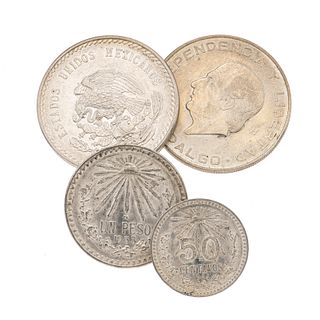 Cuatro monedas de plata .900 y .720. 1 Hidalgo, 1 Cuauhtémoc, 1 peso libertad y 50 centavos libertad. Peso: 83.9 g.
