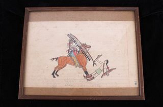 Rare Buffalo Warrior Dakota Sioux Ledger Art c1899