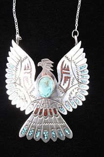 Navajo Silver Thunderbird Turquoise Coral Necklace