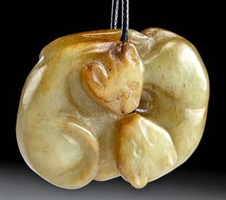 Chinese Qing Greenstone Pendant - 2 Cats Intertwined