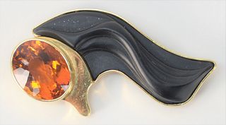 18 Karat Gold K. Domeny Brooch, signed, with Madeira citrine black glass marked S. Walters, length 2 1/6 inches, 16.5 grams total weight. Provenance: 