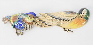 Pair of Silver and Enamel Bird Pins, longest 3 7/8 inches. Provenance: From the Robert Cerciello Collection, West Hartford, Connecticut.