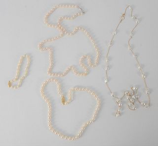 Four Piece Pearl Lot, to include three necklaces, one bracelet, three mounted with gold, one is freshwater pearls.