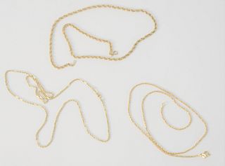Three 14 Karat Gold Chains, with clasps, 18", 19", 22", 21.9 grams.