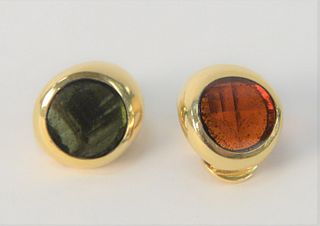 Pair of Pablo 18 Karat Gold Earrings, one with amber stone, one with green stone, total weight 14.7 grams.
