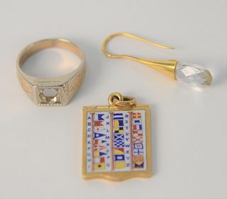 Three Piece Mixed Lot, to include 18 Karat and 14 Karat white and yellow gold ring, 18 karat emerald two-part medallion, boat flags, along with one ea
