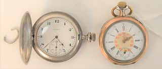 Two Pocket Watches, to include Elgin silver closed face with gold locomotive; along with one silver with gold trim, 46 and 48 millimeters.