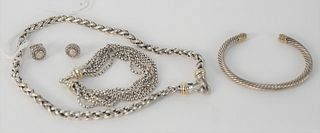 David Yurman Lot, to include two bracelets, one with gold tips, one necklace and pair of earring with small diamonds.