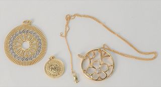 Three 14 Karat Gold Pendants, one with gold chain, 20 grams.