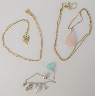 Three Necklaces, one marked 14K, one clasp marked 14K, and one sterling marked .925 to include one with pink quartz, and one with small pearls, approx