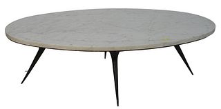 1950's Oval Marble Top Coffee or Cocktail Table, with metal legs, 3/4 inch chip to side, height 15 inches, top 33 1/2" x 52".