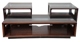 Three Piece Lane Grouping, to include pair of end tables, mahogany stained, with one drawer; along with matching coffee table, coffee table height 15 