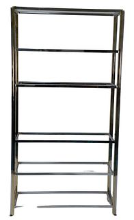 Chrome, Brass, and Glass Etagere, Jansen style, having six glass shelves, possibly Renato Zevi or Karl Springer, height 80 inches, width 41 1/2 inches