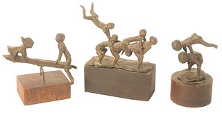 Three Frank Eliscu (1912 - 1996) Bronzes, figural sculptures of children playing seesaw, signed on base; leapfrog, unsigned; along with five person le
