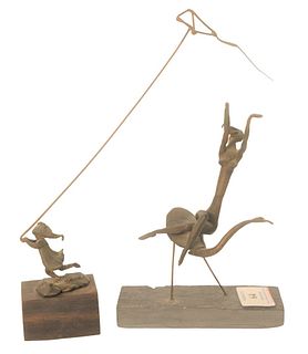 Two Frank Eliscu (1912 - 1996) Bronze Figures, one of a girl flying a kite, signed on bronze base, along with a woman riding a crane, signed on stone 