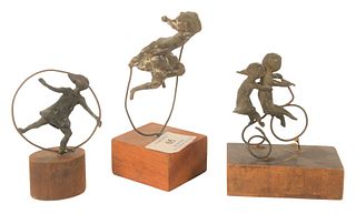 Three Frank Eliscu (1912 - 1996) Bronzes, children playing hopscotch, hula hoop, and riding a bike, all signed on base, tallest height 5 1/2 inches.