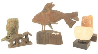 Group of Five Small Animal Sculptures, to include three owls, one possibly Frank Eliscu; bronze fish; along with bronze double mushroom; tallest overa