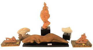 Six Piece Small Sculptural Group, to include two Frank Eliscu clay studies, signed; small mushroom forms; one small alabaster freeform; carved nude wo