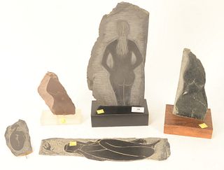 Group of Five Carved Slate Nude Figures, to include two signed by Frank Eliscu, along the lower edge; the other three unsigned, tallest overall 14 1/2