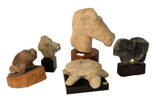 Group of Five Alabaster Carved Animals, to include one horse head; one ram head; turtle and frog; along with a carved, slate elephant; each unsigned b