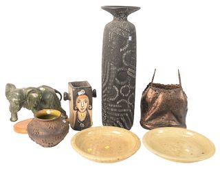 Assorted Group of Ceramic and Stone Items, to include a carved stone elephant, pair of crackle glaze Korean chargers, ceramic tall vase, ceramic vase 