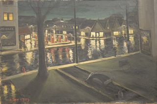 Matthew Geddes (b. 1889), "Wet Night", oil on canvas, signed 'Matthew Geddes' lower left, titled on the reverse, 24" x 36".