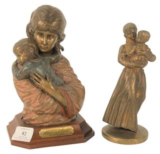 Pair of Edna Hibel Bronzes, to include one bronze with polychrome, titled 'Maria and Child', along with a smaller bronze with gold patina of a mother 