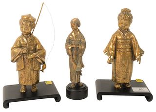 Three Piece Group of Edna Hibel Gold Patinated Bronzes, to include children in Japanese robes, each inscribed along the lower edge, overall height 9 i