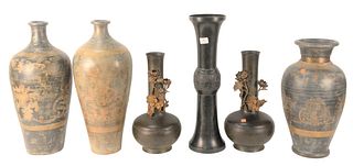 Six Large Vases, three bronze Oriental style, along with three contemporary ceramic vases, tallest 24 inches.