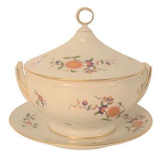Richard Ginori Italian Porcelain Covered Tureen, with underplate, having painted flowers with gilt gold center, marked Manifattura Di Docia, Florence,