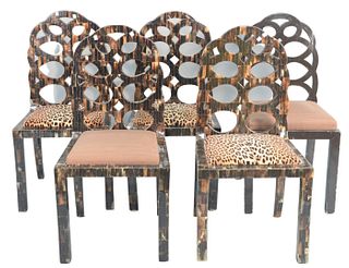 Set of Five Enrique Garcel Side Chairs, four having tessellated horn veneer, each with shaped and pierced back, above upholstered seats, one painted b