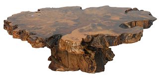 Freeform Root Coffee Table, having thick, clear resin top, freeform wood base, height 16 inches, top: 36" x 48".