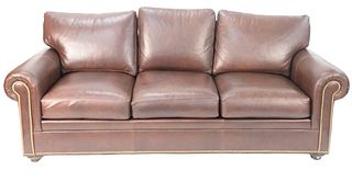Two Piece Lot, to include Ethan Allen brown leather sofa, along with leather reclining chair (as is), height 30 inches, length 86 inches.