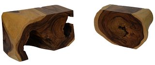 Pair of Modern Freeform Log End Tables, heights 18 inches, tops 14 3/4" x 25 1/2" and 14" x 29".
