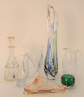 Assorted Seven Piece Group of Crystal and Glasses, to include tall art glass vase, illegibly signed; along with a Cartier pitcher, crystal decanter, e